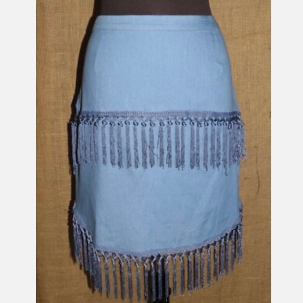 By Egreis Fringe Skirt Womens S Blue Boho Festival Tiered Tassel Denim Look